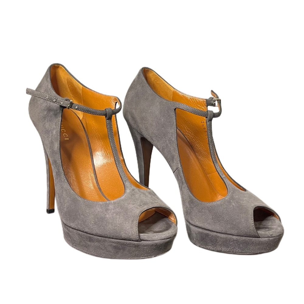 ❌SOLD❌GUCCI T- Strap Platform Grey Suede Peep Toe Pumps - Size IT 37.5 | US 7.5